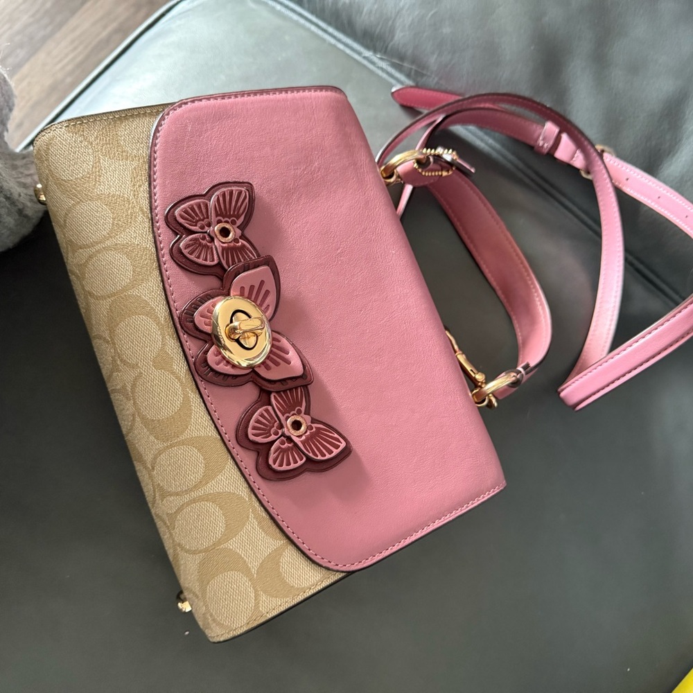 Coach Pink and Tan Floral Shoulder Bag